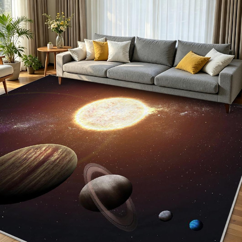 Tapis transparent transparent lavable à la machine, avec système solaire montrant les planètes, Rectangle 79" x 118"