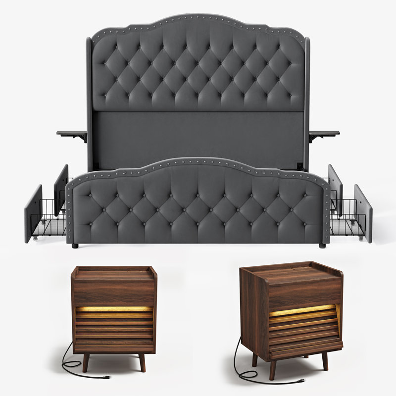 Ensemble de chambre à coucher 3 pièces, lit tapissier avec 4 tiroirs et 2 tables de chevet inclinées Larimore, Gris/noyer