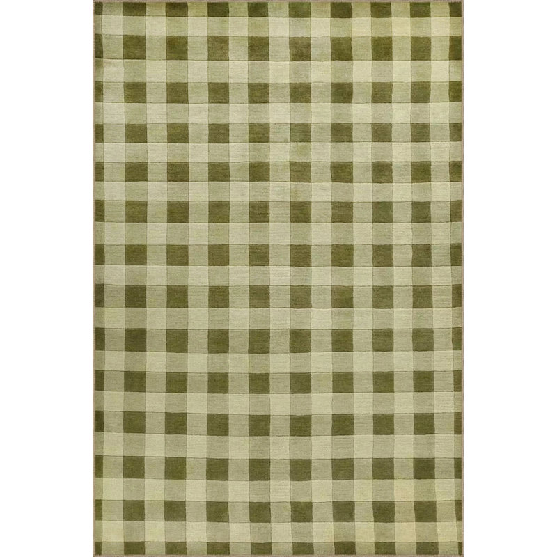 Modern Checkered Green Tone Decorative Carpet, Rectangle 4'8" x 6'7"