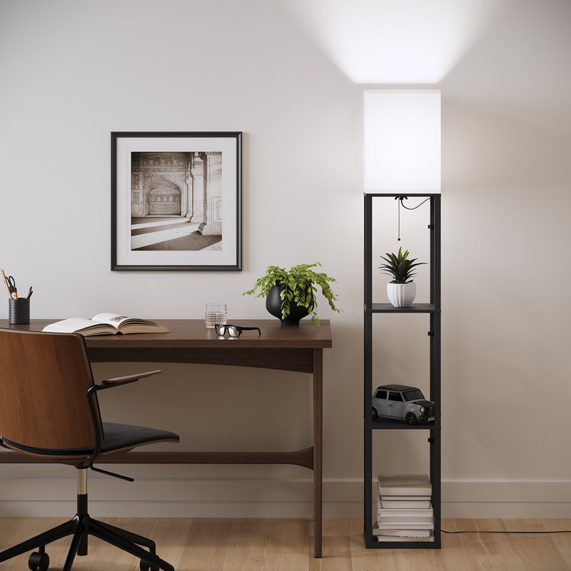 63'' Column Floor Lamp With Shelves and Bulb Included, Black