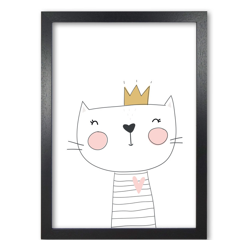 Scandi Cute Cat With Crown - Painting, Black Grain Frame, 85 cm H x 60 cm W x 5 cm D