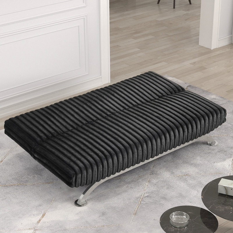 Futon contemporain se transformant en lit, housse en tissu noir, pieds avec base en métal fini, bois d'ingénierie et fabrication, support supplémentaire d'une largeur de 71 pouces, d'une profondeur de 33,5, d'une hauteur de 31 et de 2 sièges