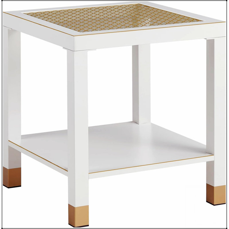 Table d'appoint carrée de style boho avec plateau en verre trempé et structure en métal, conception à 2 niveaux pour le salon et la chambre à coucher