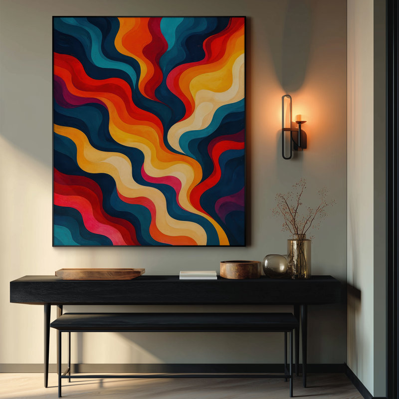 Très grand art mural imprimé sur tissu - Motif de vagues tourbillonnantes colorées dans des tons chauds et froids, décoration pour le salon ou la chambre à coucher - «Assemblage requis du cadre (cadre non fini)»
