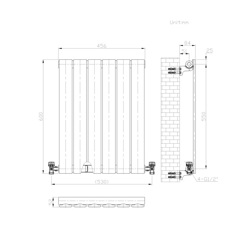 iBathUK Apex Horizontal Radiator, Single Panel Radiators, 600- Slim Radiator, 60cm H x 45.6cm W x 52cm D