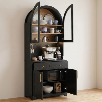 74.8" Tall Farmhouse Arched Kitchen Pantry, Storage Hutch with Power Outlet, LED Light, 2 Drawers & Adjustable Shelves for Kitchen Dining Room Bathroom