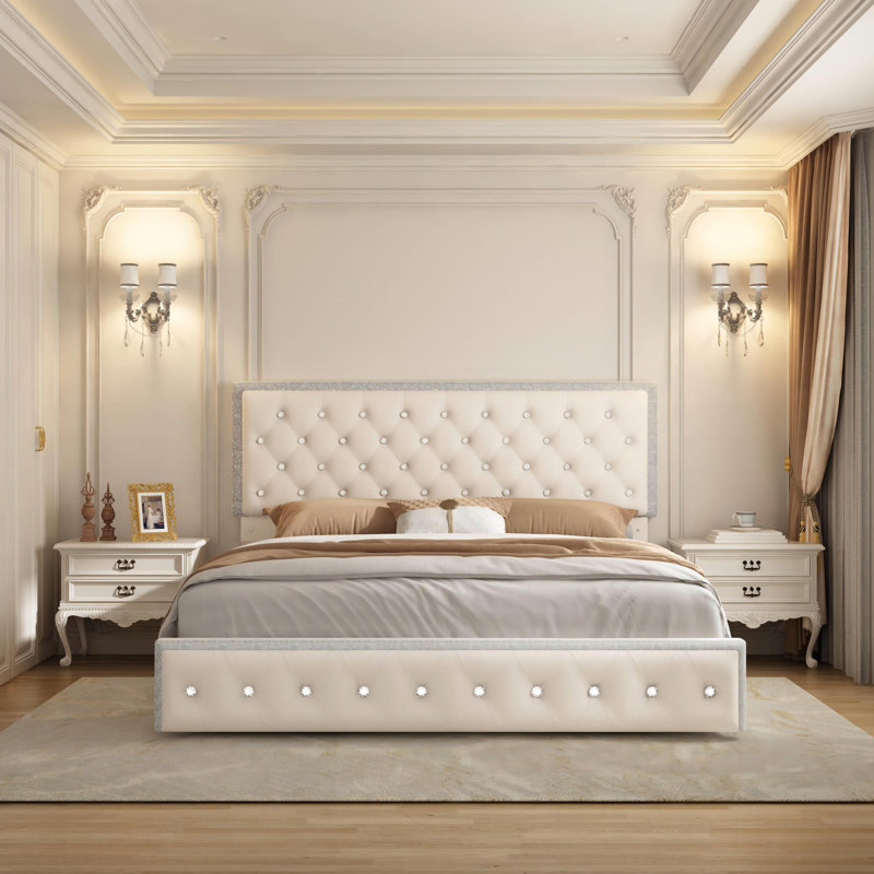 Kendrall Upholstered Platform LED Bed Frame with 2 Storage Drawers, Cream, Queen