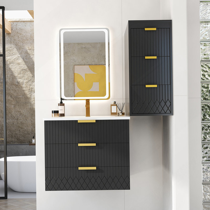 Armoire flottante murale 24 po avec armoire latérale, meuble-lavabo rectangulaire, petit lavabo de salle de bain avec trou de robinet simple et trop-plein, armoire de salle de bain moderne avec lavabo en céramique
