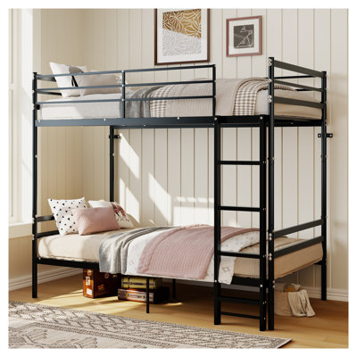 Lit superposé simple au-dessus de simple en métal robuste avec barrières de sécurité et échelle - Structure en acier noir moderne pour enfants, adolescents et adultes