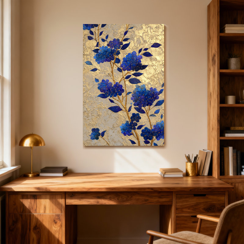 Plantes et fleurs fleurs bleues sur fond doré, H 30 po x l 20 po