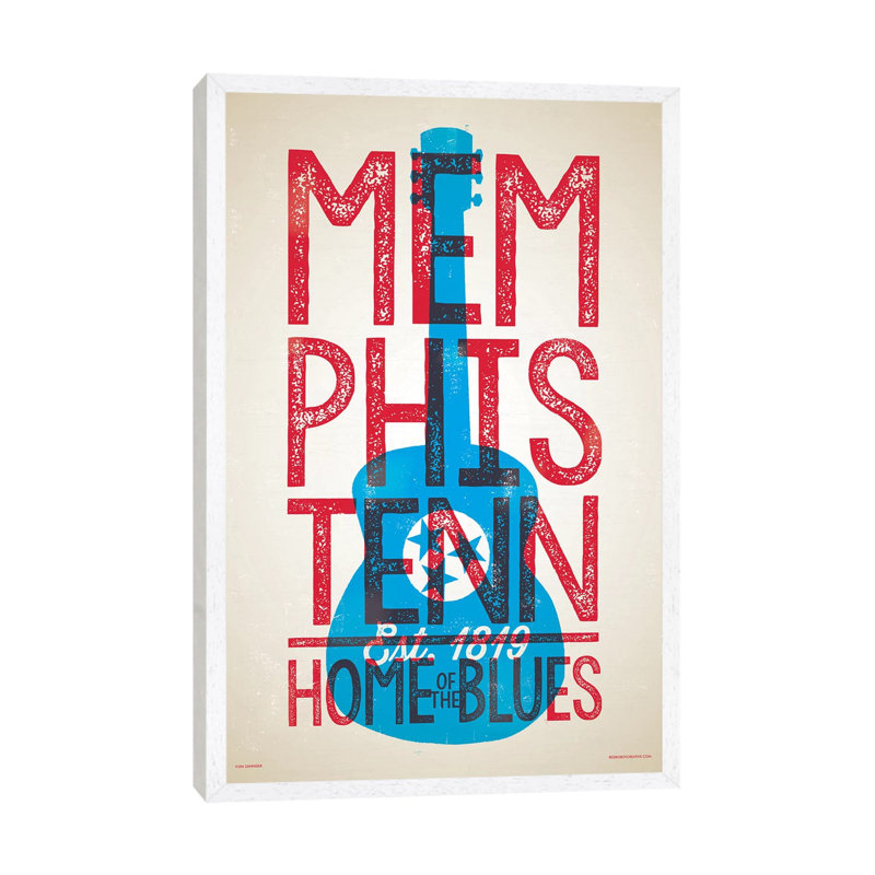 Memphis Home Of The Blues Letterpress Style by Jim Zahniser - Print on Canvas, 101.6cm H x 66.04cm W x 3.81cm D, White Framed