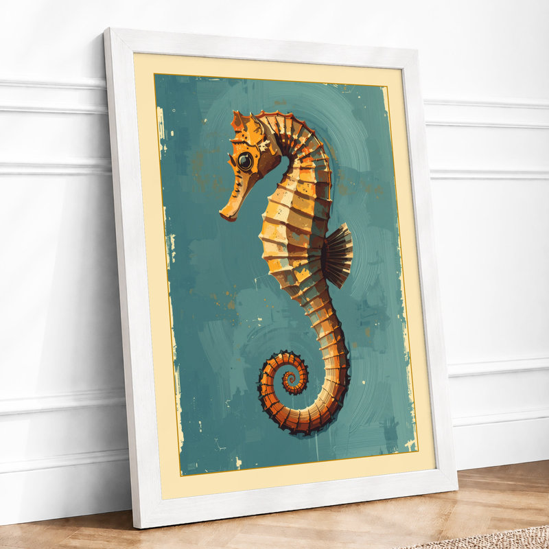 Golden Seahorse Study Coastal - Framed Print, A3 - 42.0 x 29.7 cm, White