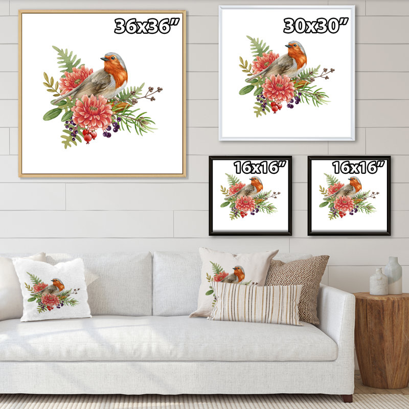 Oiseau de merle avec fleurs - reproduction d'art sur toile traditionnelle, H 30 po x l 30 po x P 1 po, Cadre flottant noir