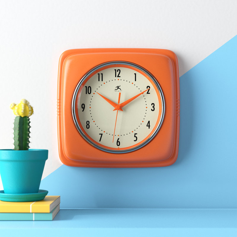 Orrwell Square Plastic Wall Clock 9.25 Inches, Orange