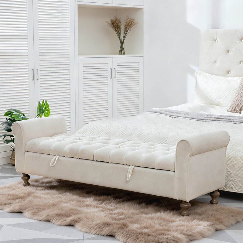 Banc de rangement rembourré moderne avec double couvercle, Beige