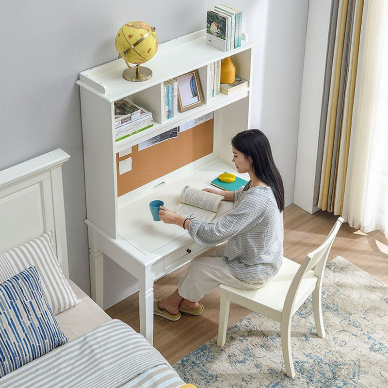 Bureau en bois massif et bibliothèque intégrés de style américain, Blanc