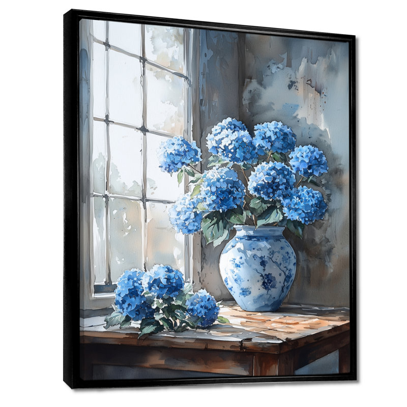 Hortensias dans une nature morte scène II - hydrangées, art mural, H 32 po x l 24 po, Noir