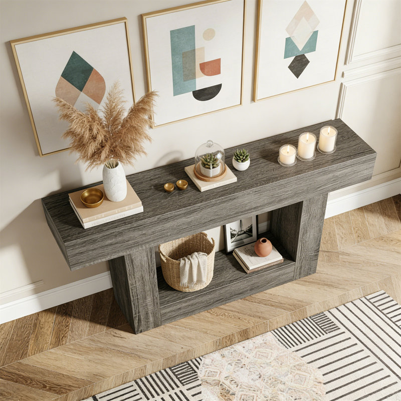 63" Wooden Console Table, Farmhouse 2-Tier Sofa Table Entryway Table, Dark Gray, Dark Gray