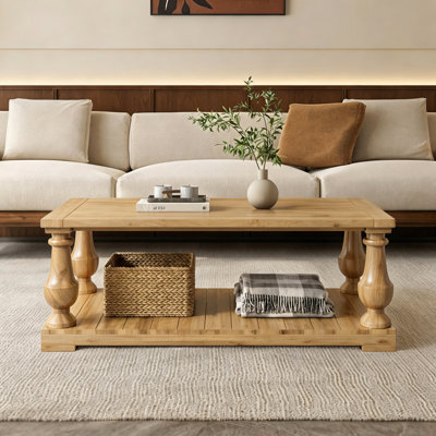 Farmhouse 42" Wood Coffee Table with Solid Wood Turned Legs for Living Room