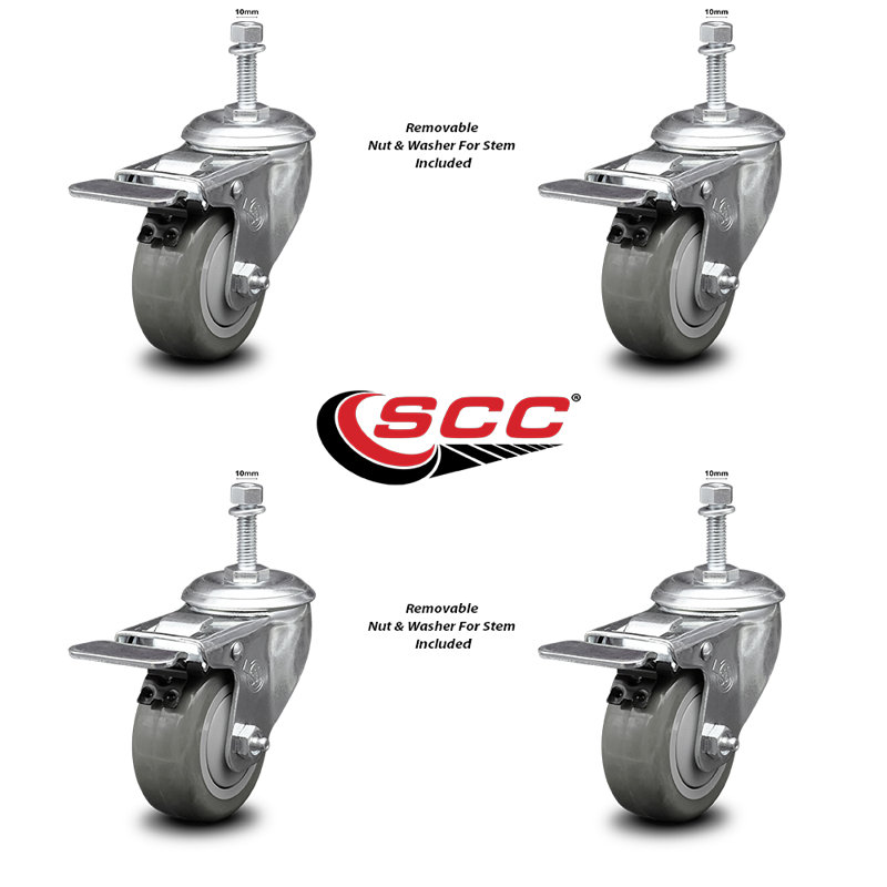 Polyurethane Swivel 10mm Stem Caster Set with Total Lock Brake