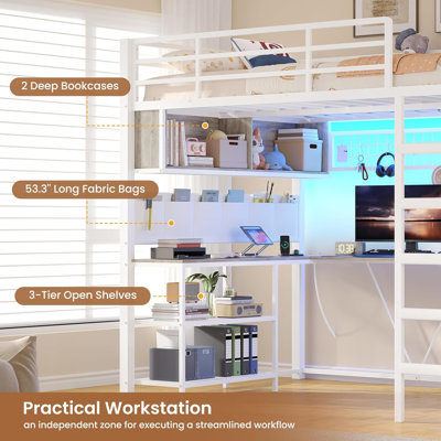 Lit mezzanine double avec bureau en forme de L et 5 tiroirs - Lit mezzanine peu encombrant avec lumières DEL, station de charge, tablettes, tringle à vêtements pour bureau personnel, chambre de dortoir, blanc