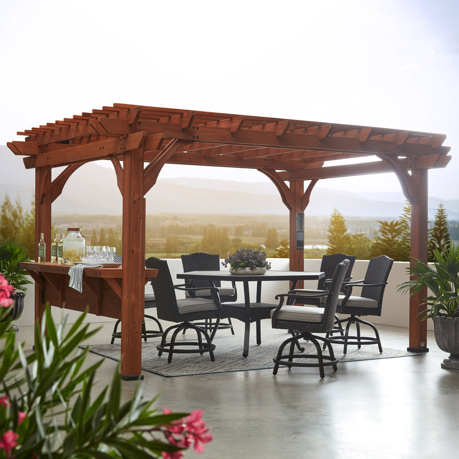 Backyard Discovery Ashland 14' x 10' Cedar Wood Outdoor Patio Pergola Kit with Trellis Roof and Built-In Bar Top