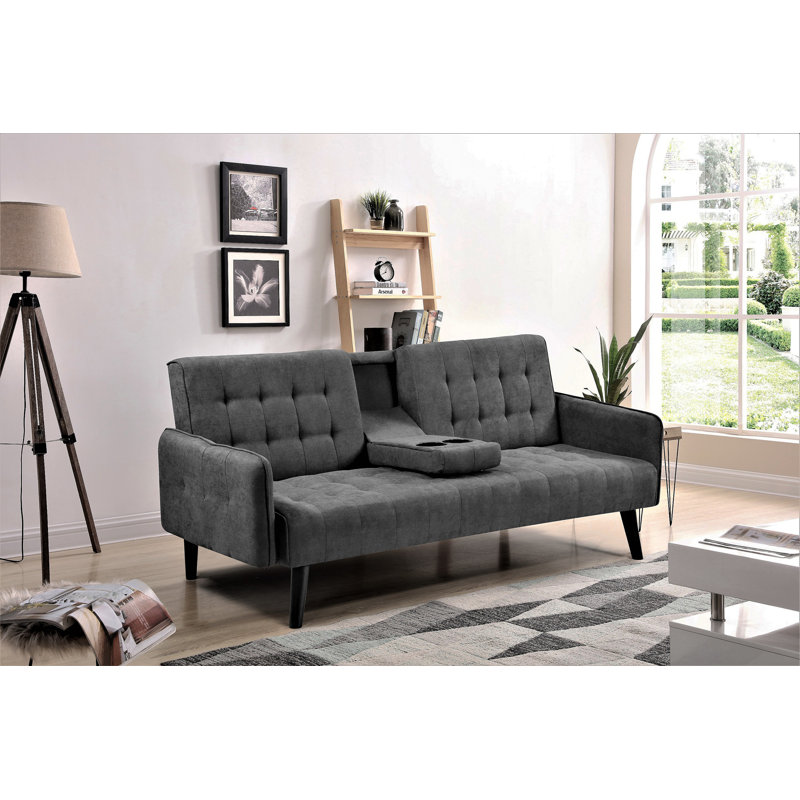 Canapé-lit de 72 po - Dossier convertible pliant en lit double avec porte-gobelet et table rabattable - Canapé en lin compact pour petits espaces - Assemblage facile, gris foncé