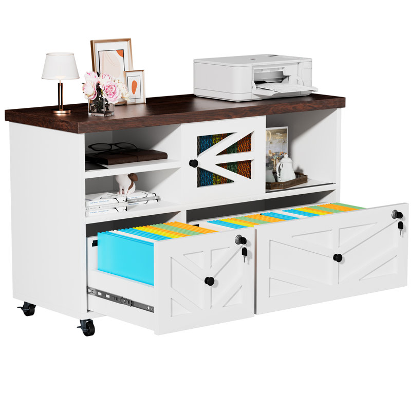 Lockable 2-drawer Lateral File Cabinet With Open Storage Shelves, Rolling Filing Cabinet For Home Office, Holds Letter/legal/a4 Files, Heavy Duty Mobile File Cabinet, White