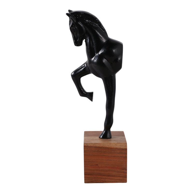 Sculpture élégante de cheval sur un socle en bois - objet de décoration pour bureau ou salon - 12 po, noir et brun