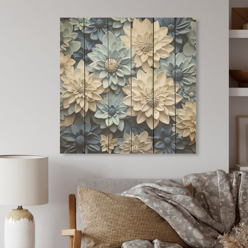 Blanc et bleu minimalisme Zinnias - Zinnias, art mural sur bois de pin naturel, H 30 po x l 30 po