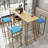 -piece bar table and chair set with gold frame, multi-layer tabletop, sponge cushions, beige and blue upholstery