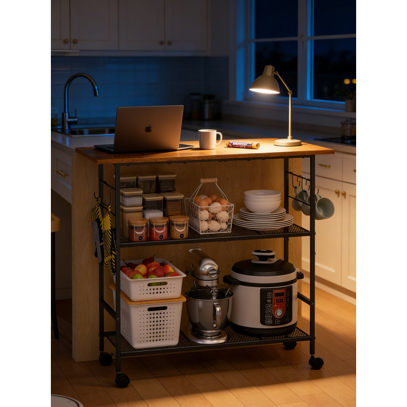 Rolling Kitchen Island Cart With 3-Tier Shelves, Lockable Wheels & 6 Hooks - Versatile Microwave Stand, Bakers Rack And Mobile Storage Cart For Kitchen, Dining Room, Or Outdoor Use