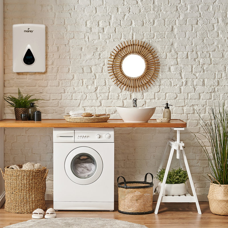 Compact White Electric Tankless Water Heater with Digital Panel