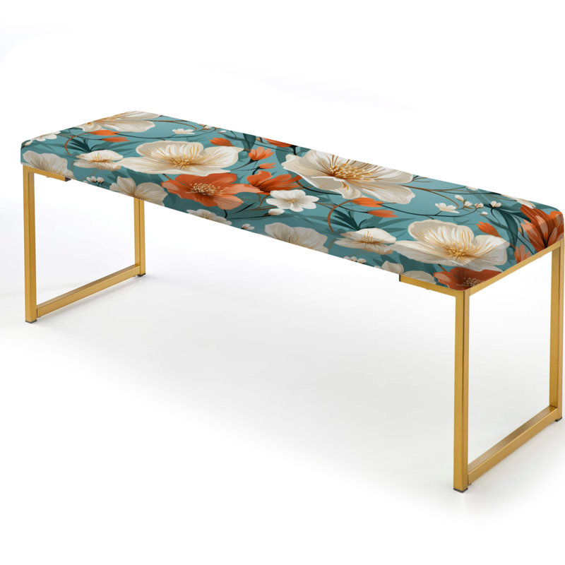 Ivory & Orange Coastal Blossoms Floral Pattern - Floral Upholstered Gold Bench