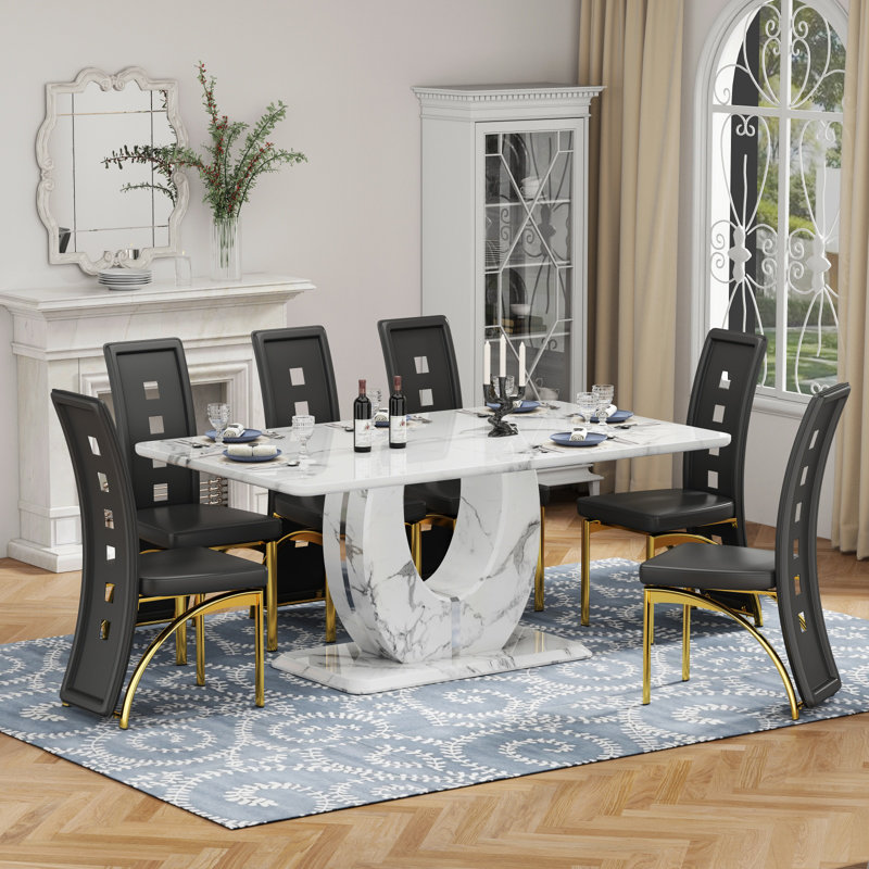 Ensemble de table de salle à manger avec chaises rembourrées en similicuir, 7 pièces: table, 6 chaises, Noir et or