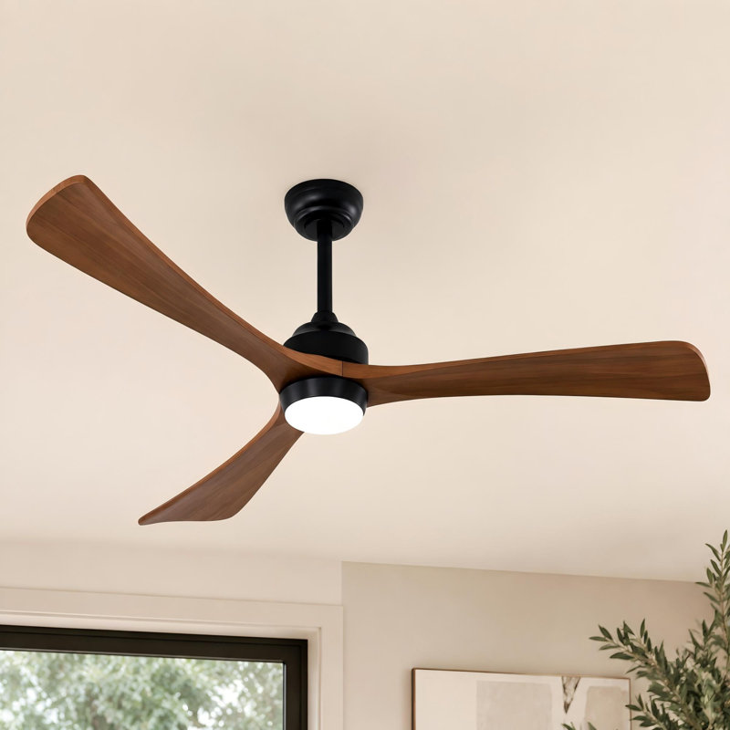 Ventilateur de plafond de 62 po à 3 pales en bois massif avec lumière et télécommande, Noir mat, 62 po de largeur, Red Wood