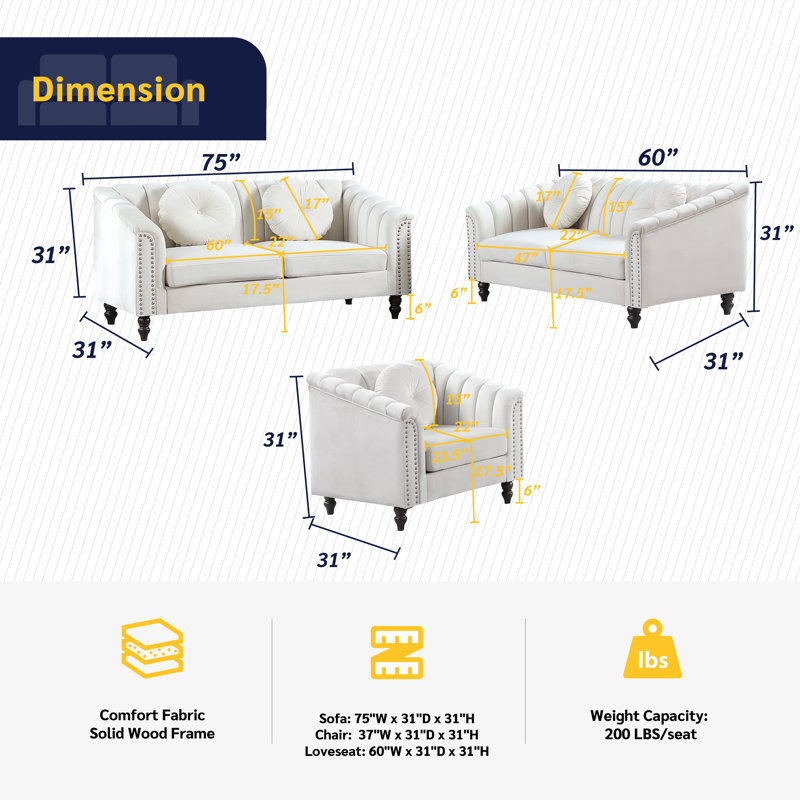 Caesyn 3-Piece Velvet Living Room Set, Ivory Velvet