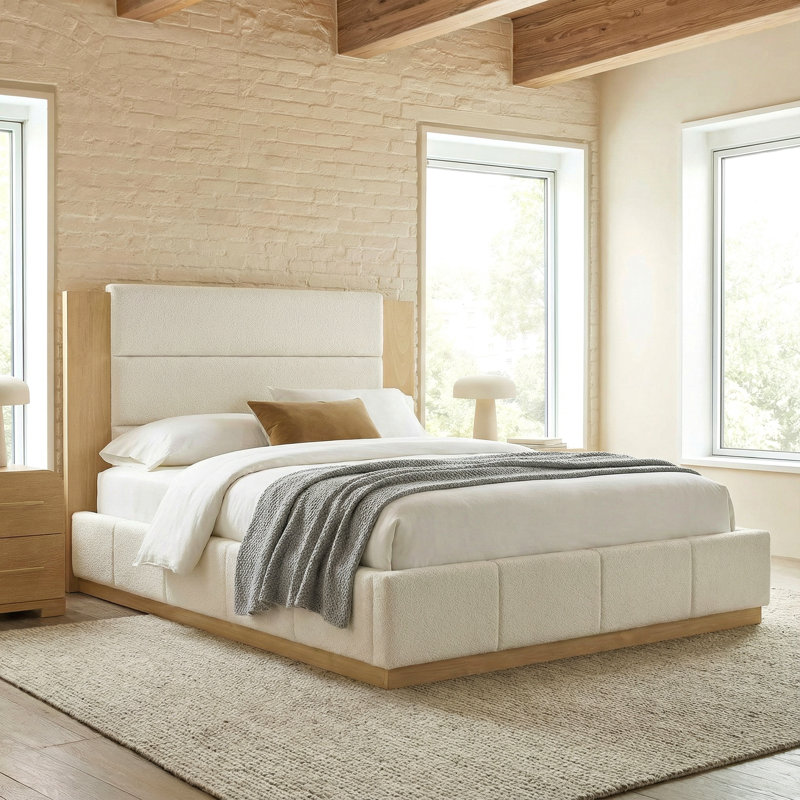 Structure de lit plateforme tapissier avec tête de lit en bois allongée, lit moderne avec base en bois, Très grand lit, Blanc