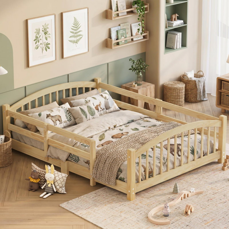 Élégant lit double Montessori avec garde-corps de sécurité - uni, Natural wood