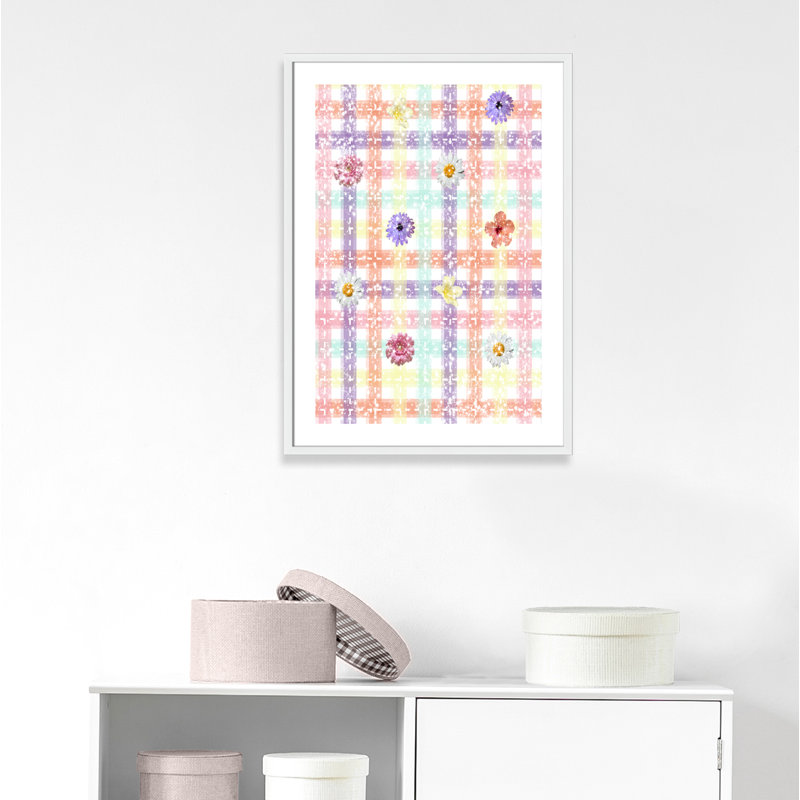 Impression sur papier à carreaux unique avec fleurs, H 35,5 po x l 25,5 po x P 1,1875 po, Encadré de boîte blanc