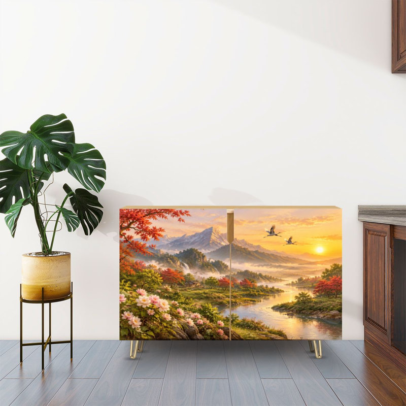 Buffet à deux portes, style console moderne, avec un décor de montagne serein, un coucher de soleil sur un feuillage coloré et une rivière tranquille. Meuble de rangement en bois sur pied, idéal pour la cuisine, la salle à manger, le salon, l'entrée ou un coin café.