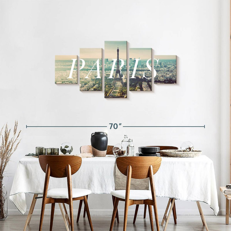 «Eiffel Tower Paris Skyview on Canvas», reproduction de 5 pièces, H 24 po x l 55 po x P 1 po