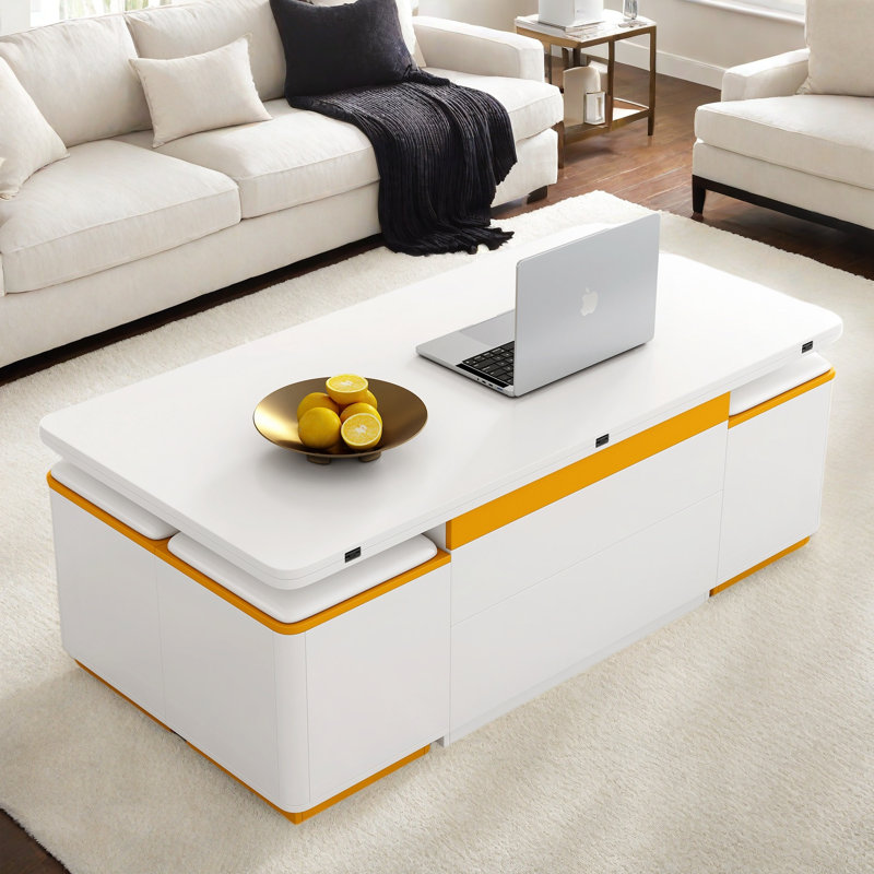 Table basse relevable avec 4 tabourets de rangement, plateau pliable et deux tiroirs cachés, Blanc