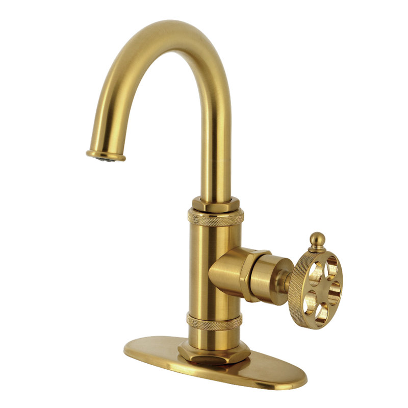 Robinet de salle de bain 1 trou à fixation sur le comptoir avec poignée moletée et bonde à poussoir Kingston, Laiton brossé