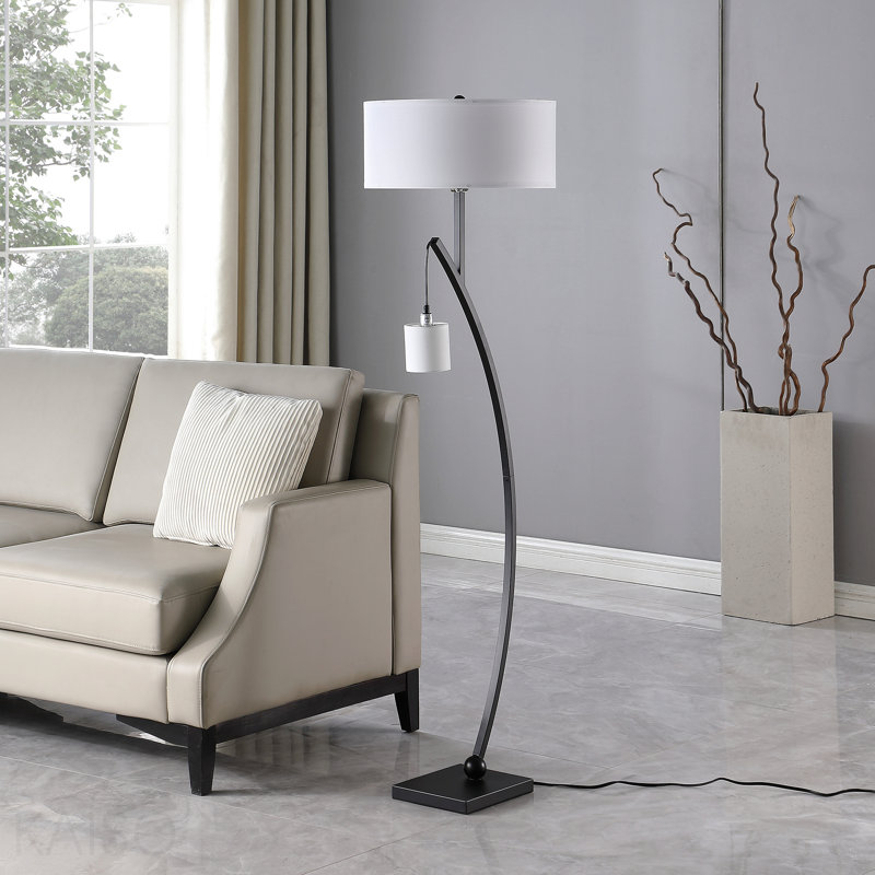 59" In Contemporary Dual Black Arc W/ Hanging Pendelum Lamp Metal Floor Lamp, Black
