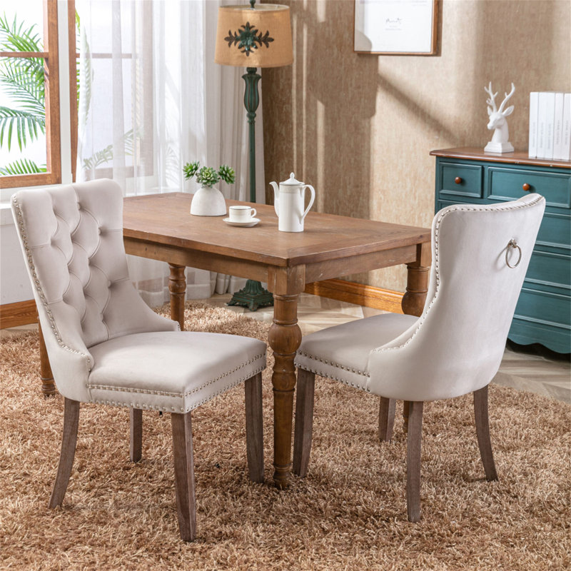 Damine Upholstered Dining Chair, Dark Brown, Beige Velvet