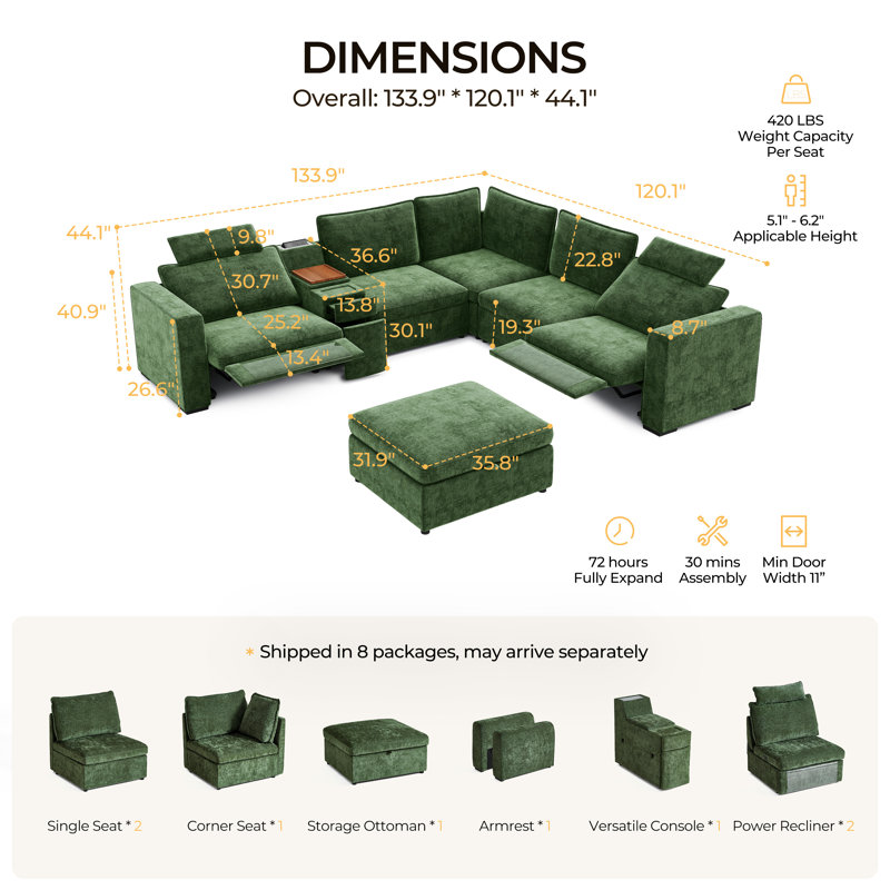 5 Seater Chenille Oversized Modular Sectional Sofa With Double Power Recliner Cloud Reclining Couch With Headrest Storage Drawer Charging Cup Holders Deep L-shaped With Corner And Ottoman