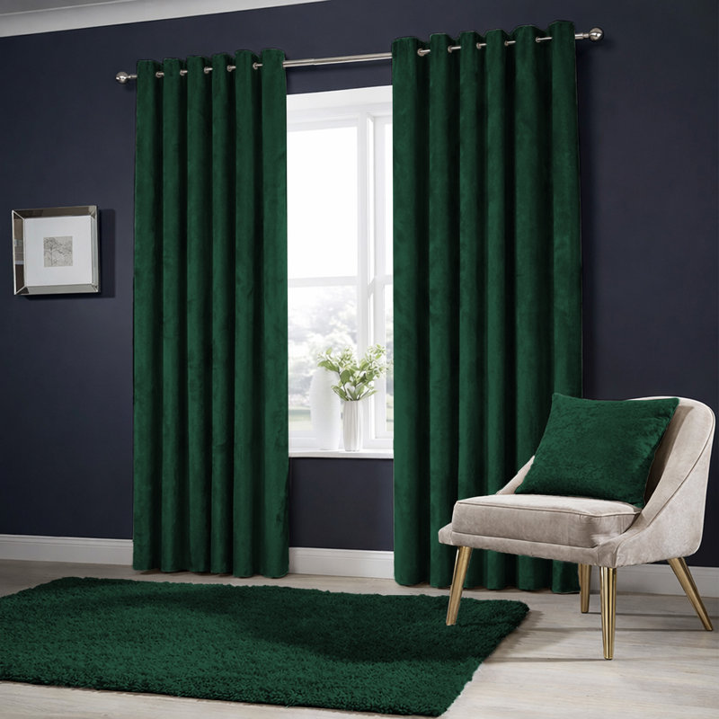 Winkel Heavy Velvet Eyelet Ready Made Thermal Drapes & Curtains, Green Emerald, (228 Width X 228 Height) cm
