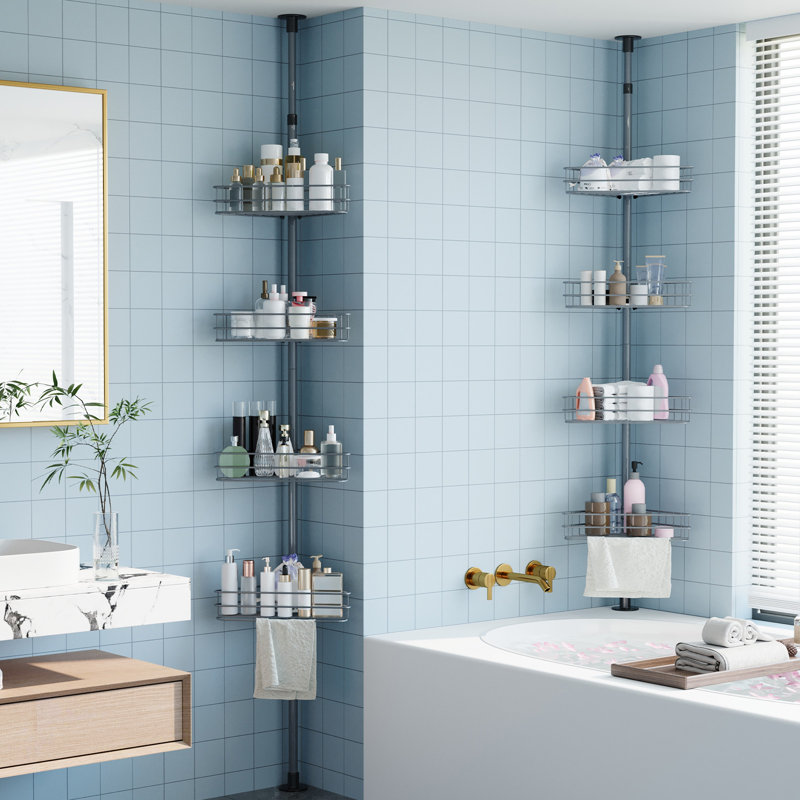 Étagère de salle de bain tendue à 4 niveaux avec support de tension réglable et support de rangement résistant à la rouille pour plancher et plafond de 98 à 110 pouces de hauteur