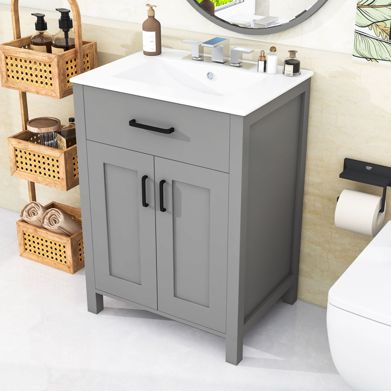 Meuble-lavabo de salle de bain avec lavabo en céramique et 2 portes à fermeture douce